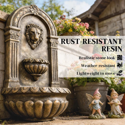 Wall Mounted Garden Water Fountain LED Lion Head 3 Tier Outdoor Water Feature