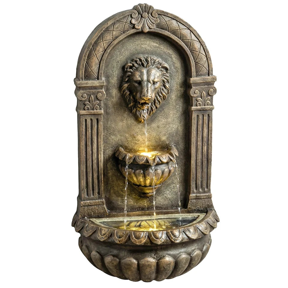 Wall Mounted Garden Water Fountain LED Lion Head 3 Tier Outdoor Water Feature