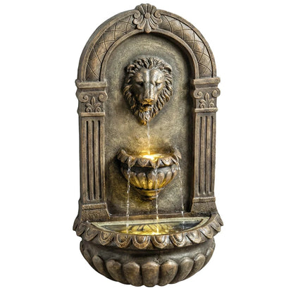 Wall Mounted Garden Water Fountain LED Lion Head 3 Tier Outdoor Water Feature