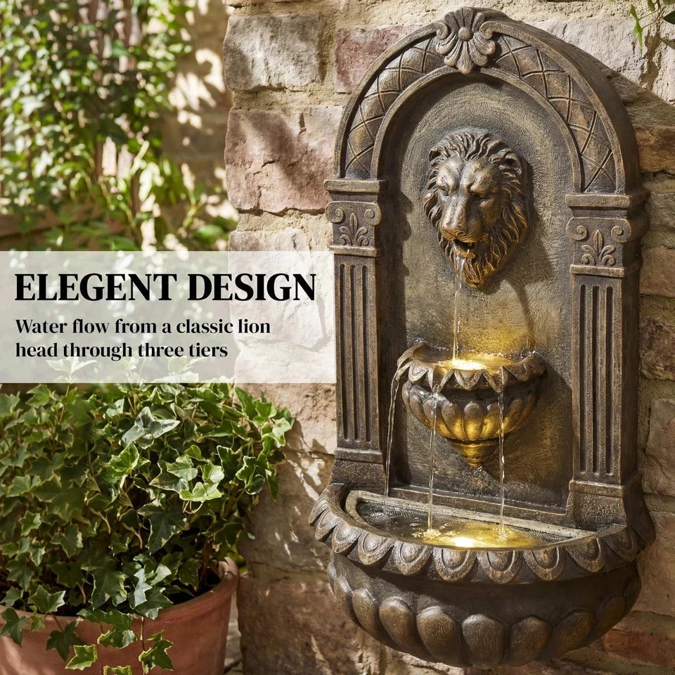 Wall Mounted Garden Water Fountain LED Lion Head 3 Tier Outdoor Water Feature
