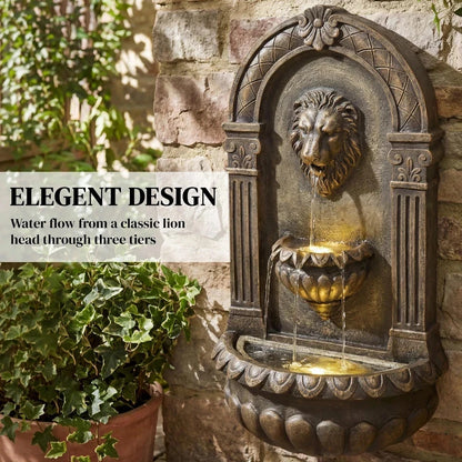 Wall Mounted Garden Water Fountain LED Lion Head 3 Tier Outdoor Water Feature
