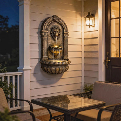 Wall Mounted Garden Water Fountain LED Lion Head 3 Tier Outdoor Water Feature